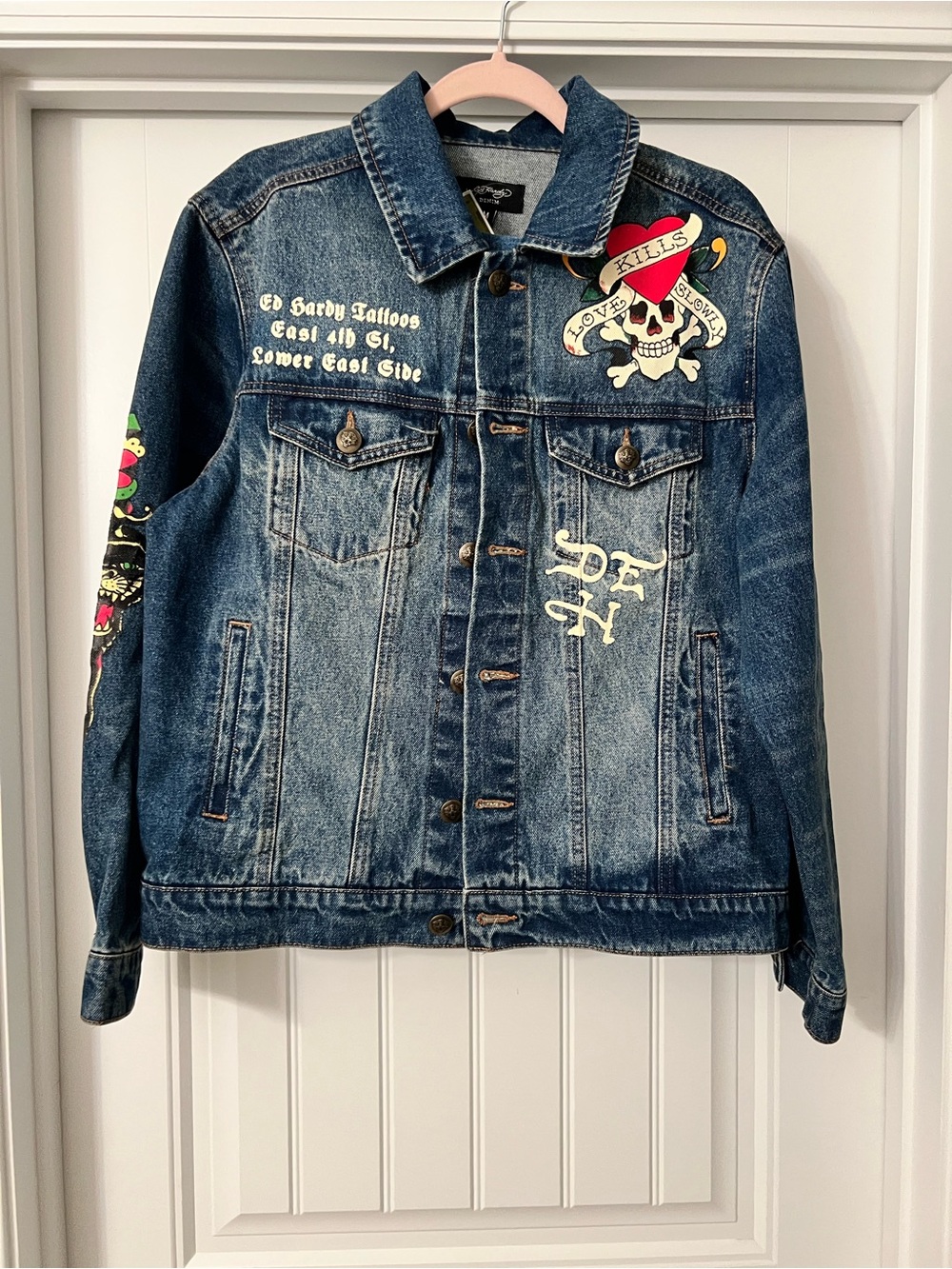 Ed Hardy Blue Denim Jacket with Skull & Heart Graphics